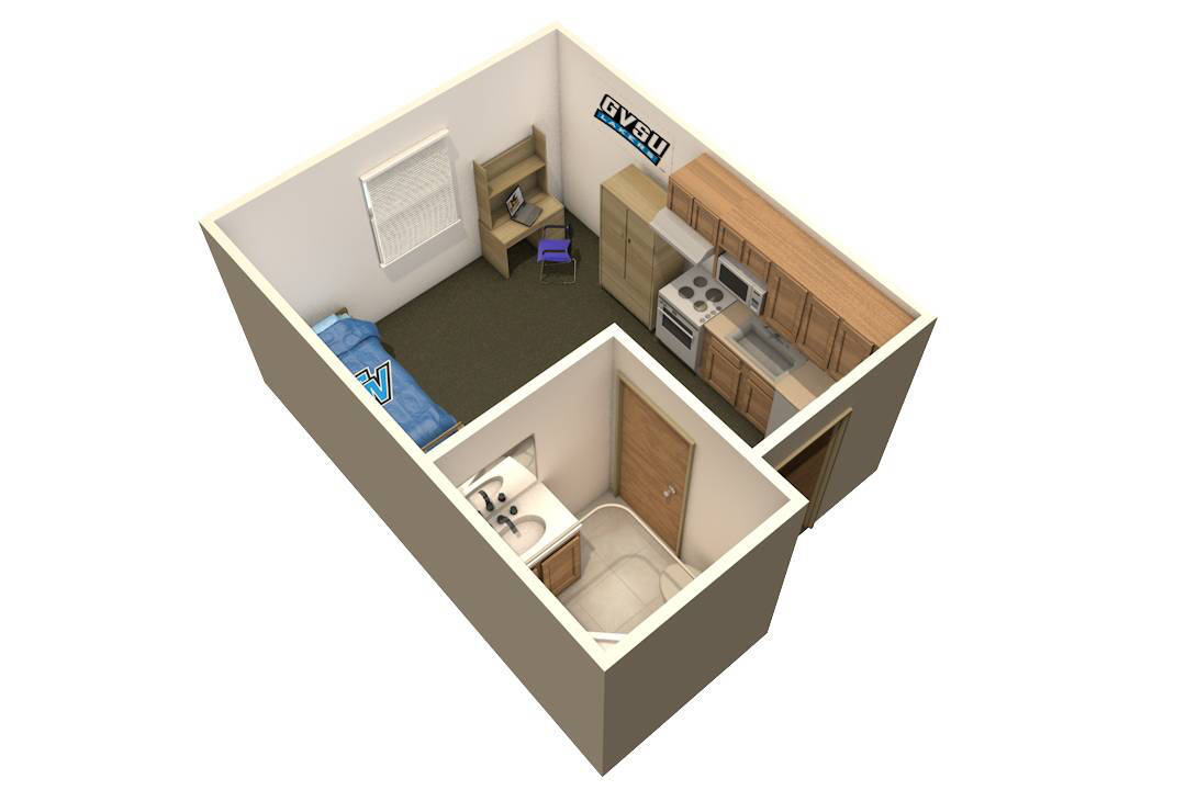 3D rendering of a 1-person efficiency apartment with a bedroom, kitchen, and bathroom.  (no air-conditioning)